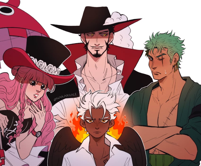 roronoa zoro, perona, dracule mihawk, and s-hawk (one piece) drawn by nakariiale
