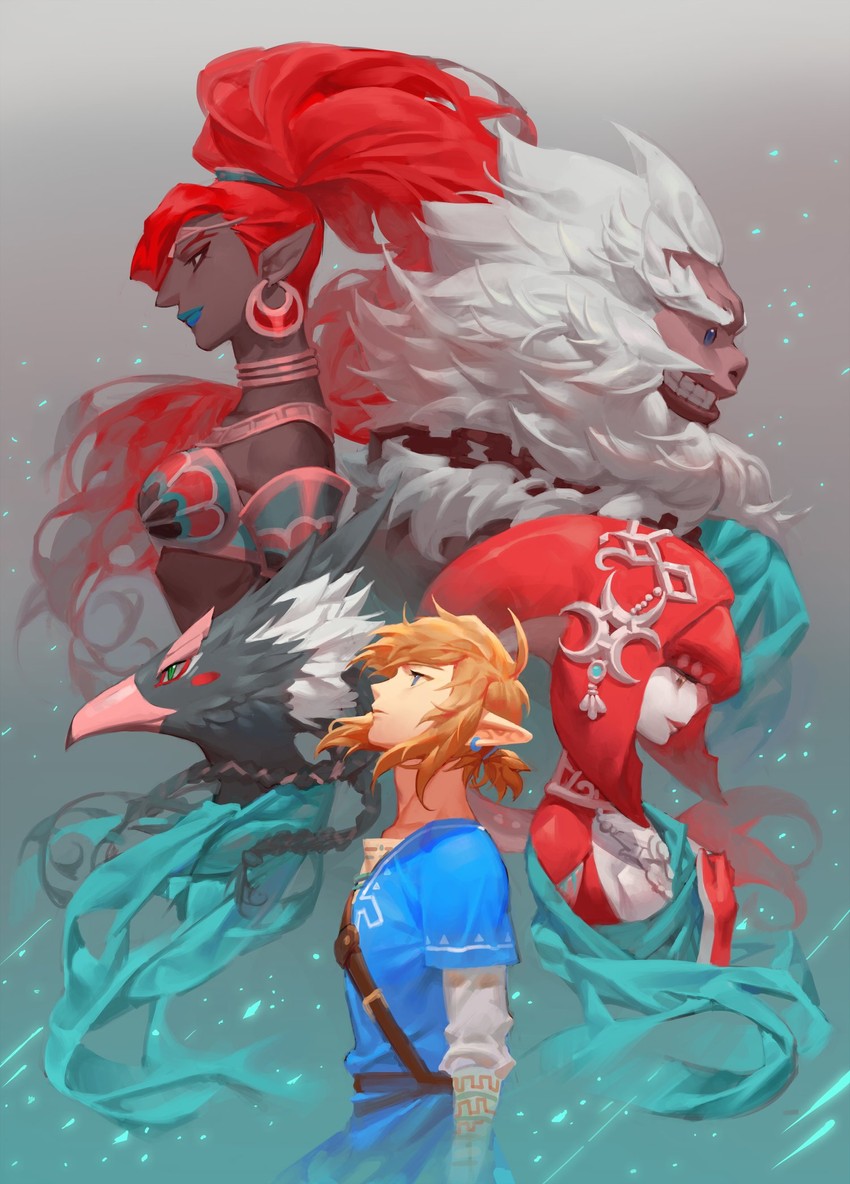 link, mipha, urbosa, revali, and daruk (the legend of zelda and 1 more) drawn by haemji