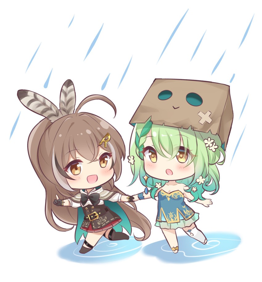 nanashi mumei, ceres fauna, and friend (hololive and 1 more) drawn by nikoo