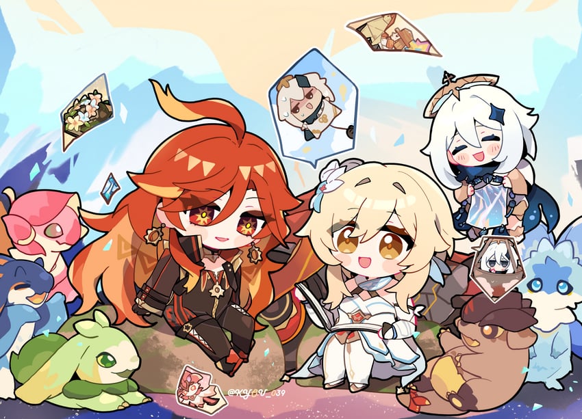 lumine, paimon, mavuika, yumkasaurus, tepetlisaurus, and 5 more (genshin impact) drawn by kyou_039