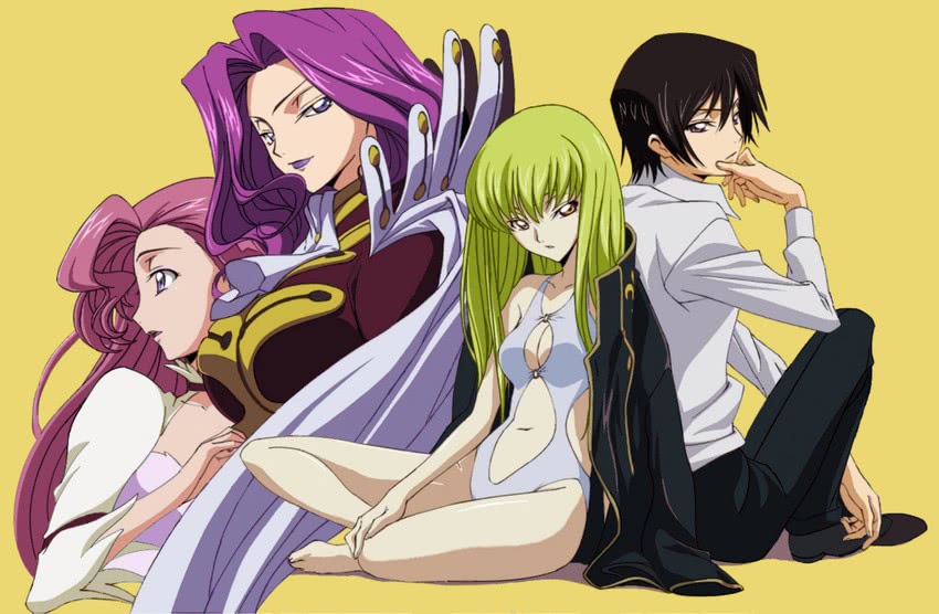 c.c., lelouch vi britannia, euphemia li britannia, and cornelia li britannia (code geass) drawn by chiba_yuriko and tabata_hisayuki