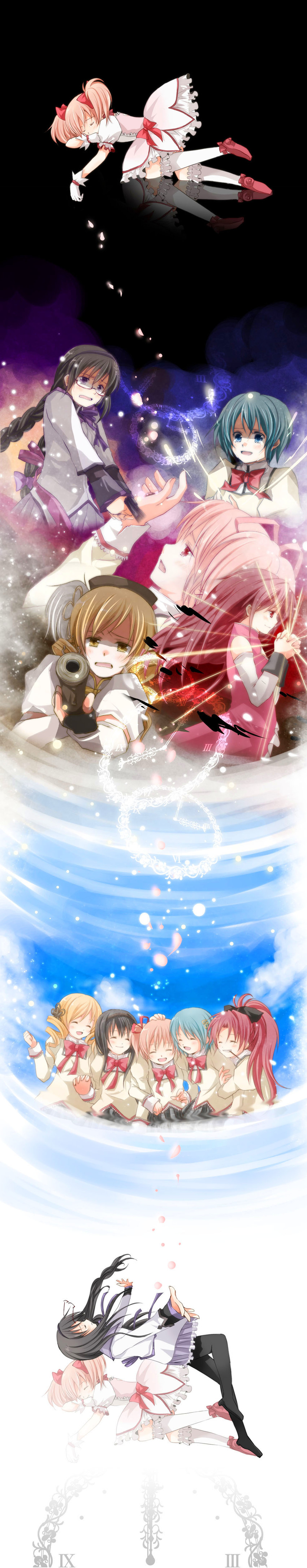 akemi homura, kaname madoka, miki sayaka, sakura kyoko, and tomoe mami (mahou shoujo madoka magica) drawn by iroha_(shiki)