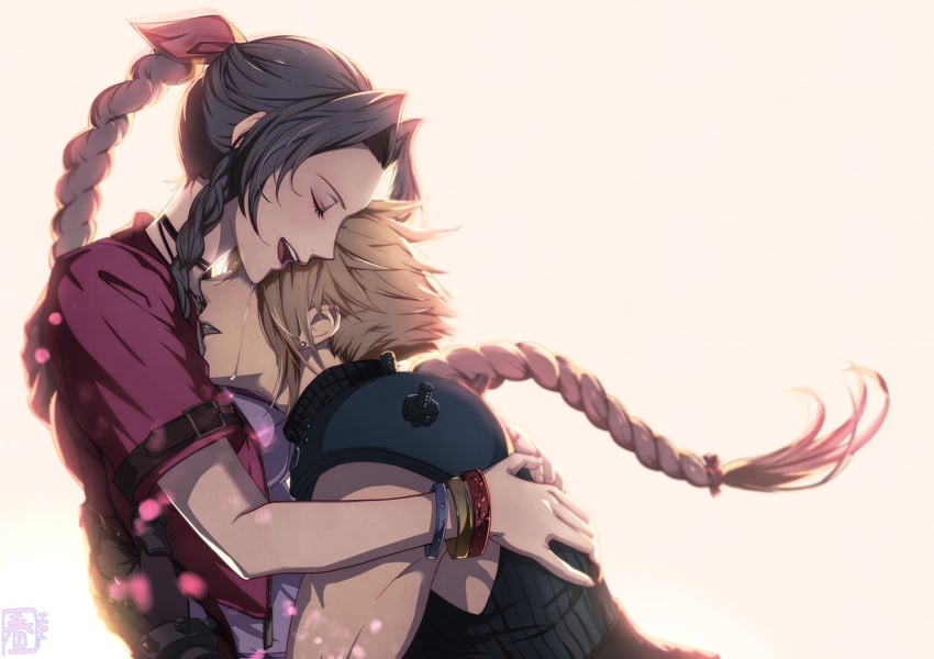 cloud strife and aerith gainsborough (final fantasy and 2 more) drawn by halu-ca