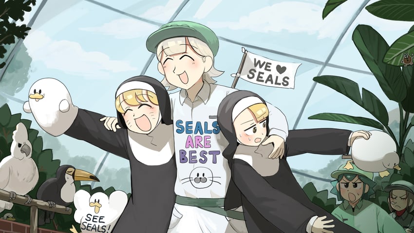 clumsy nun, spicy nun, seal keeper, parrot keeper, and toucan keeper (little nuns and 1 more) drawn by diva_(hyxpk)