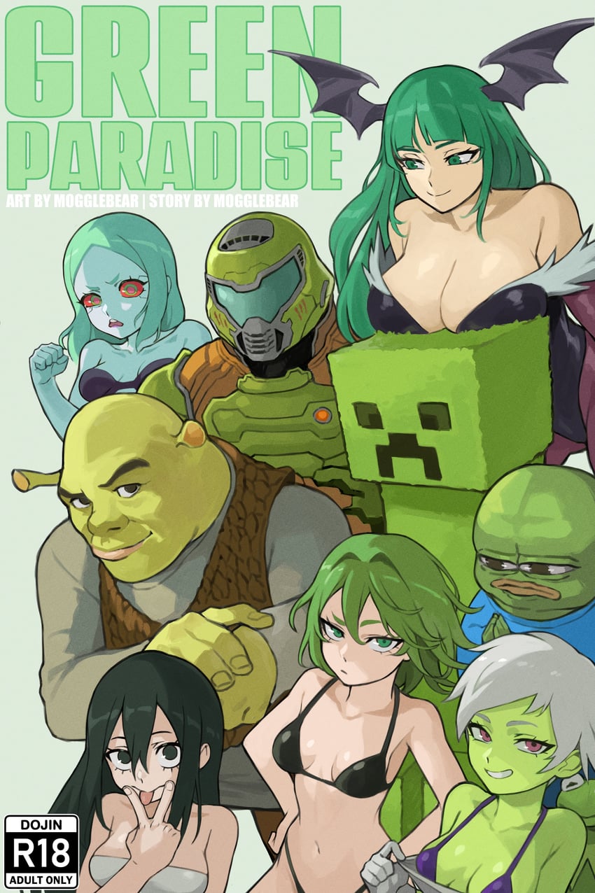 morrigan aensland, tatsumaki, asui tsuyu, rebecca, creeper, and 4 more (boku no hero academia and 10 more) drawn by mogglebear
