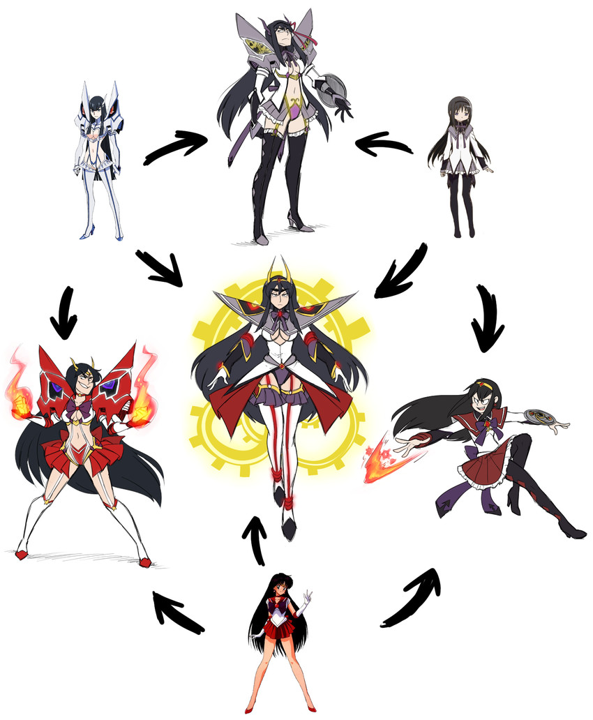 akemi homura, kiryuuin satsuki, junketsu, hino rei, sailor mars, and 1 more (mahou shoujo madoka magica and 2 more) drawn by bechno_kid