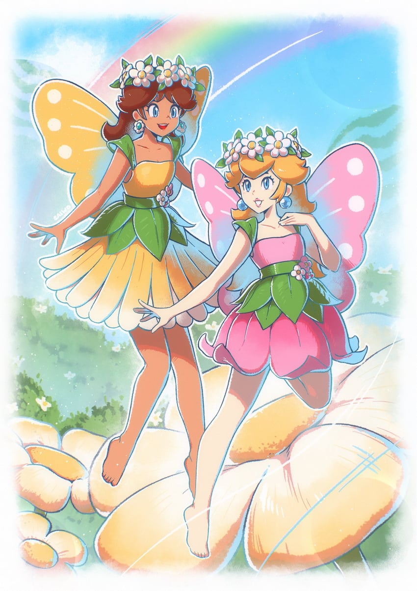 princess peach and princess daisy (mario and 2 more) drawn by saiwo_(saiwoproject)