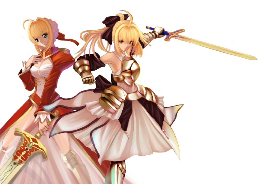 artoria pendragon, nero claudius, and saber lily (fate and 3 more) drawn by paku