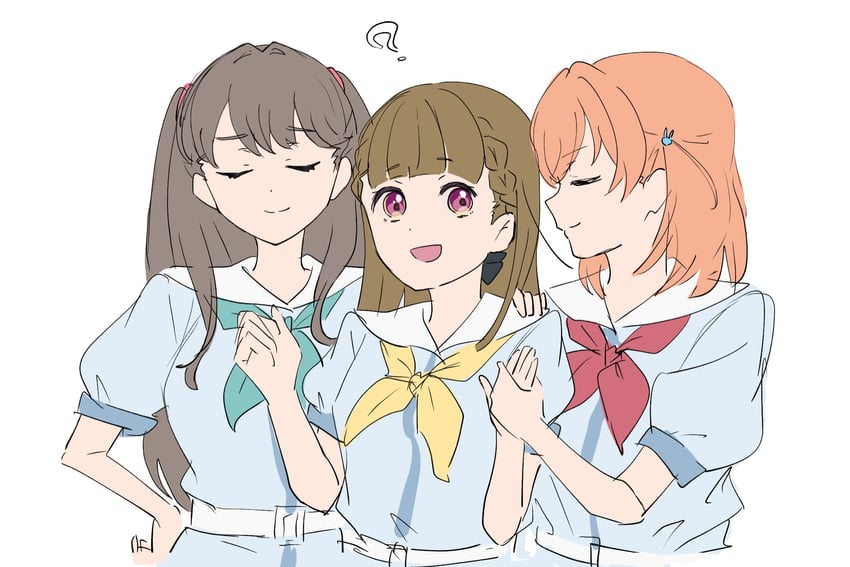hinoshita kaho, fujishima megumi, and kachimachi kosuzu (love live! and 1 more) drawn by muneta_(ntani_2)