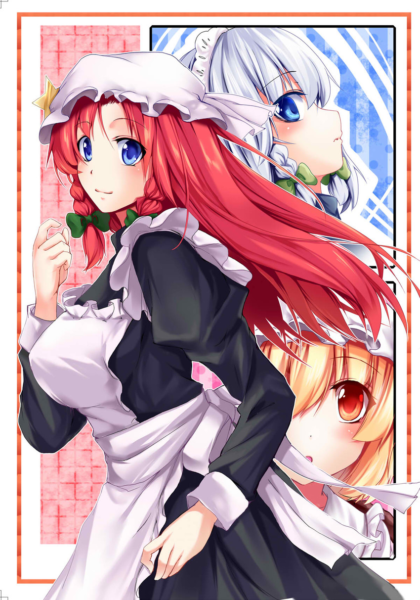flandre scarlet, izayoi sakuya, and hong meiling (touhou) drawn by ryuushou