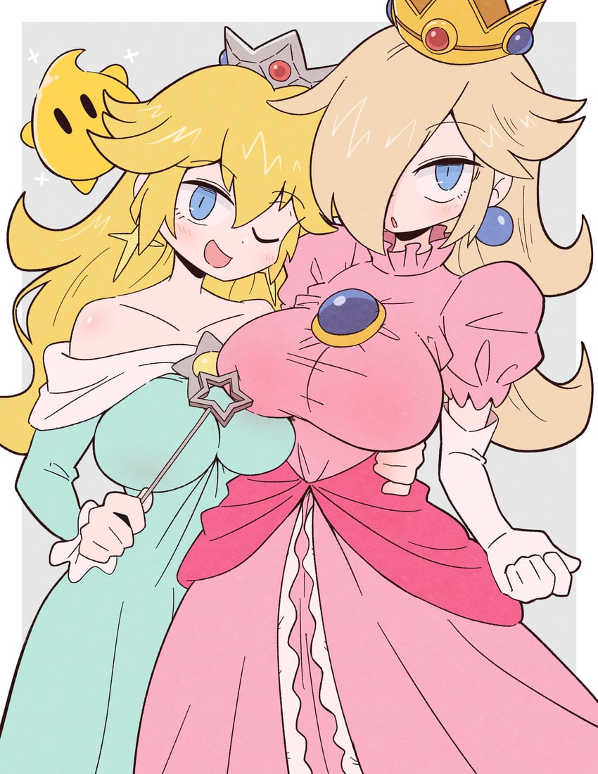 princess peach, rosalina, and luma (mario) drawn by kurachi_mizuki