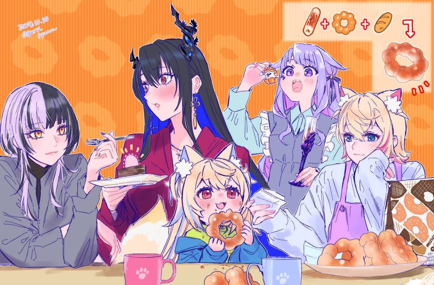shiori novella, nerissa ravencroft, fuwawa abyssgard, mococo abyssgard, and koseki bijou (hololive and 1 more) drawn by yuri_kyanon