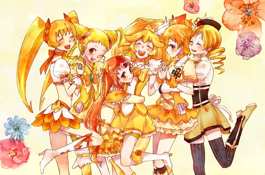 tomoe mami, kise yayoi, cure peace, myoudouin itsuki, cure sunshine, and 6 more (mahou shoujo madoka magica and 7 more) drawn by noah_(livas)