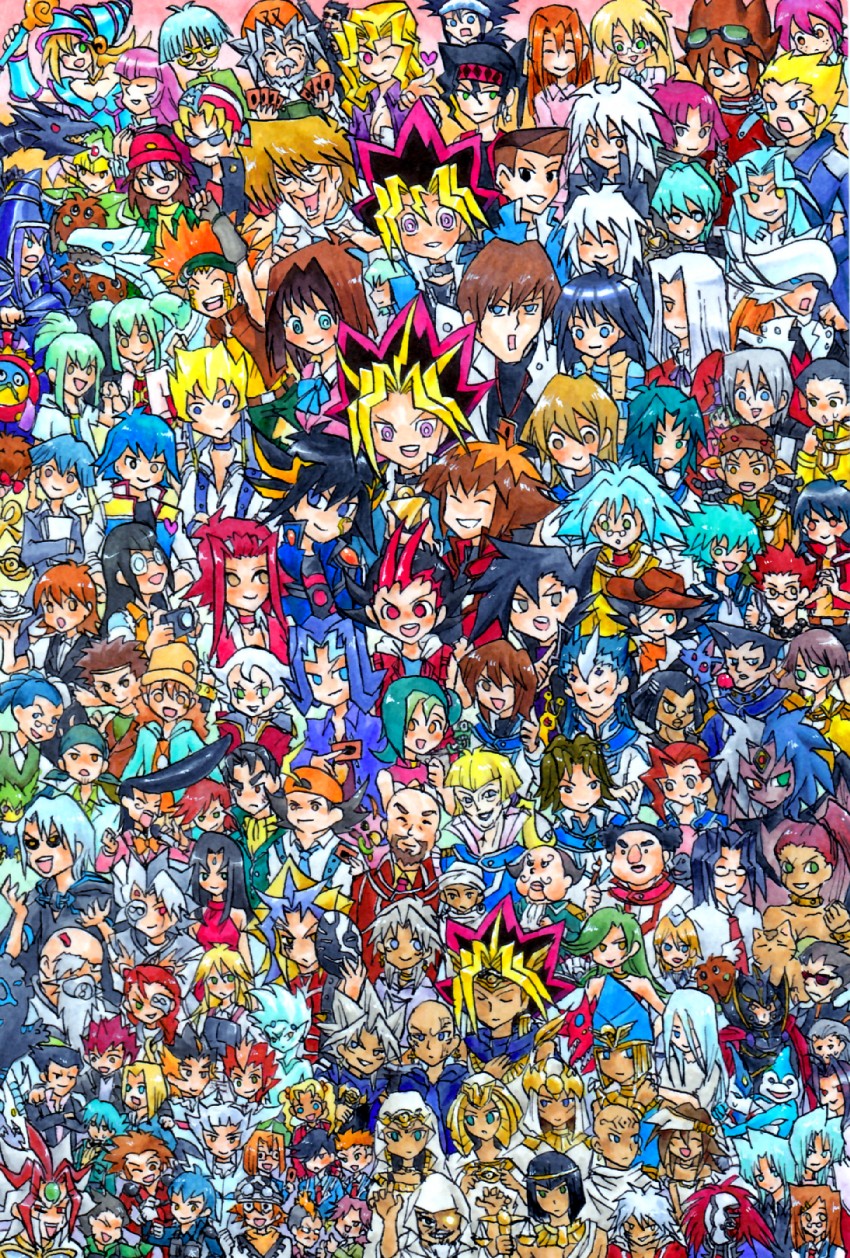 dark magician girl, yuki judai, tenjouin asuka, fudo yusei, izayoi aki, and 43 more (yu-gi-oh! and 5 more) drawn by hamao1025