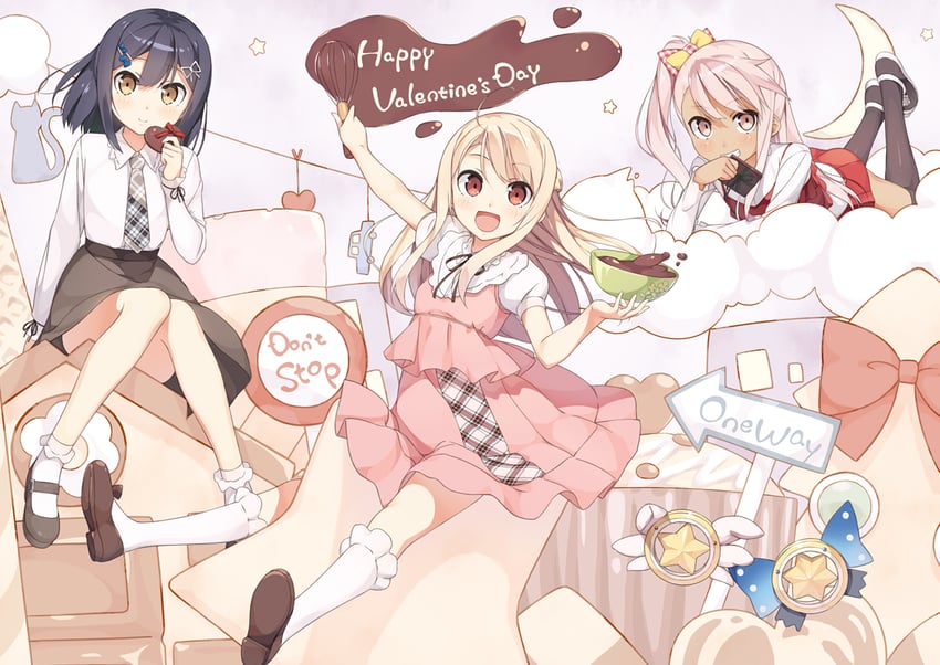 illyasviel von einzbern, chloe von einzbern, miyu edelfelt, magical ruby, and magical sapphire (fate and 1 more) drawn by tsubure_manjuu