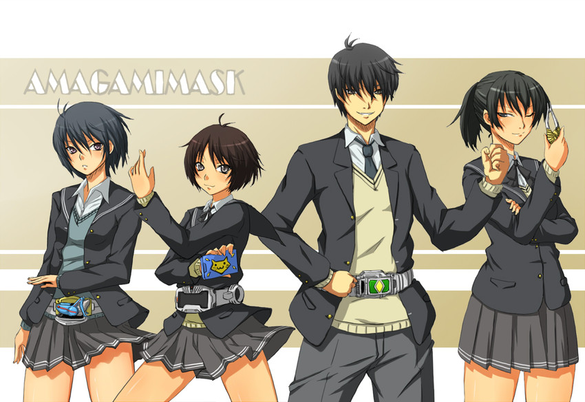 nanasaki ai, tsukahara hibiki, tachibana miya, tachibana jun'ichi, kamen rider hibiki, and 5 more (kamen rider and 5 more) drawn by toki_(tokihakashi)