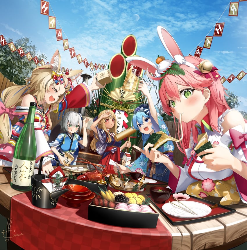 hoshimachi suisei, sakura miko, shirogane noel, shiranui flare, and omaru polka (hololive) drawn by kito_koruta