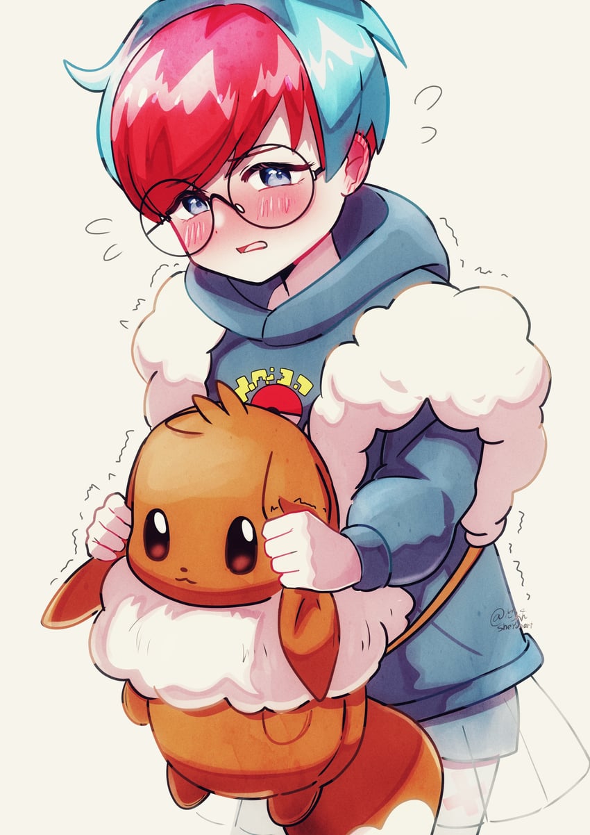 eevee and penny (pokemon and 1 more) drawn by sheyona