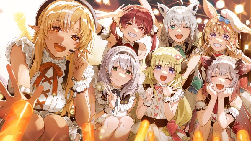 houshou marine, shirakami fubuki, shirogane noel, shiranui flare, omaru polka, and 2 more (hololive and 2 more) drawn by kotatiyu
