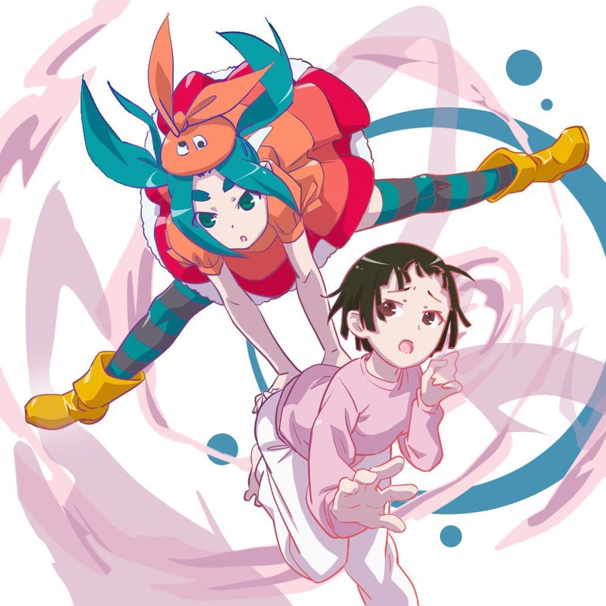 sengoku nadeko, ononoki yotsugi, and present nadeko (monogatari and 1 more) drawn by mook_hary