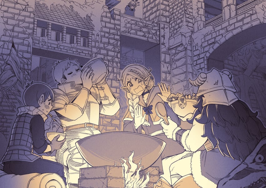 marcille donato, laios touden, senshi, chilchuck tims, and thistle (dungeon meshi) drawn by 021_shiro