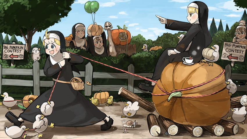 clumsy nun, froggy nun, spicy nun, sheep nun, and glasses nun (little nuns) drawn by diva_(hyxpk)