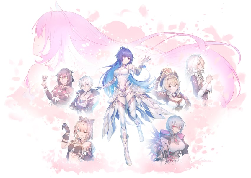 raiden mei, elysia, aponia, eden, pardofelis, and 3 more (honkai and 1 more) drawn by caisena