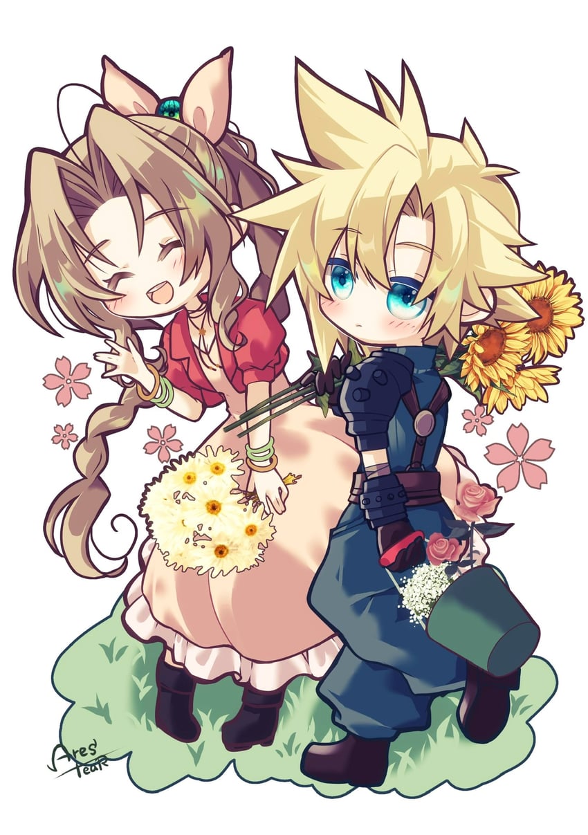 cloud strife and aerith gainsborough (final fantasy and 3 more) drawn by arestear0701