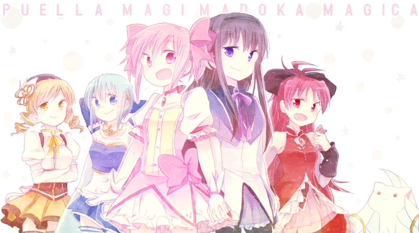 akemi homura, kaname madoka, sakura kyoko, tomoe mami, and kyubey (mahou shoujo madoka magica) drawn by mizuki_(flowerlanguage)