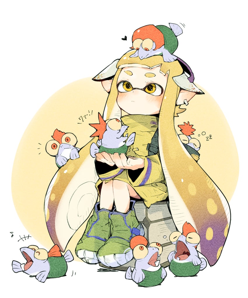 inkling player character, inkling girl, smallfry, and agent 3 (splatoon and 1 more) drawn by mokokoiro