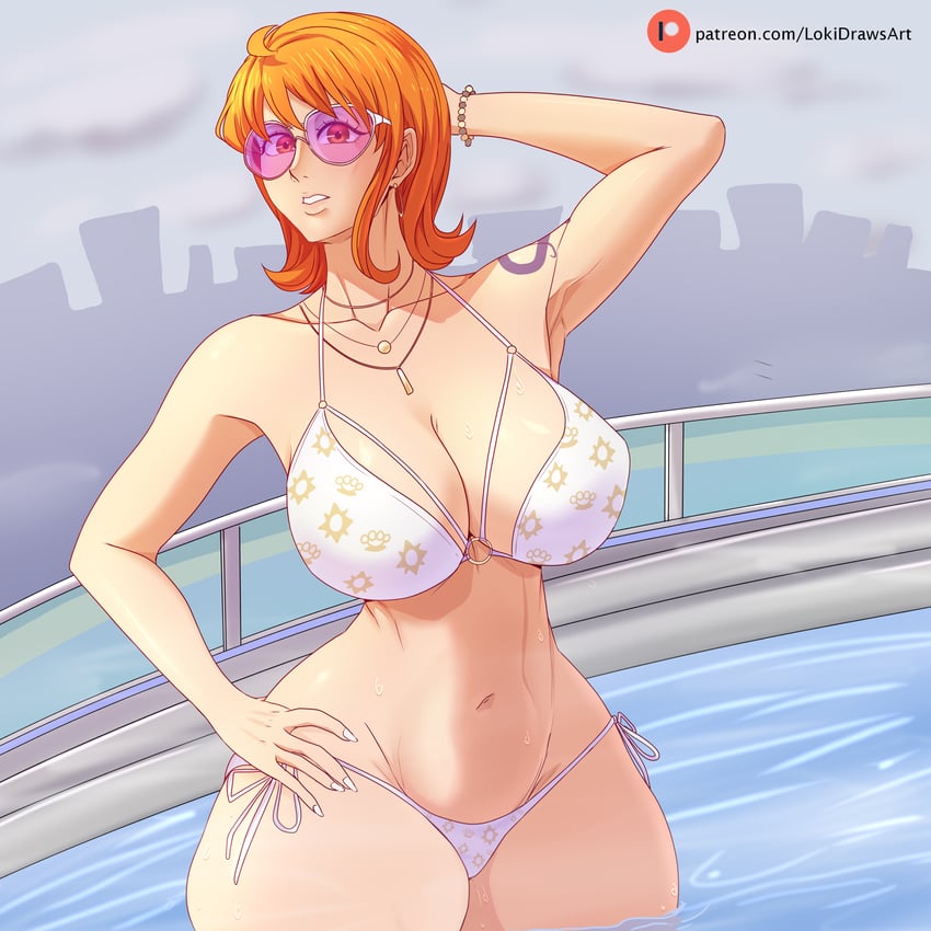 nami and bikini girl (one piece and 2 more) drawn by lokidrawsart
