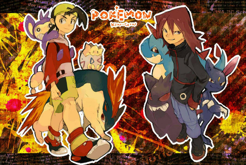 ethan, gengar, silver, togepi, sneasel, and 3 more (pokemon and 1 more) drawn by tetsu_(teppei)