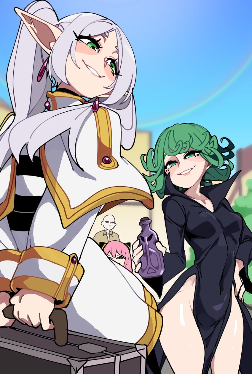 frieren, anya, tatsumaki, and saitama (sousou no frieren and 3 more) drawn by bongfill