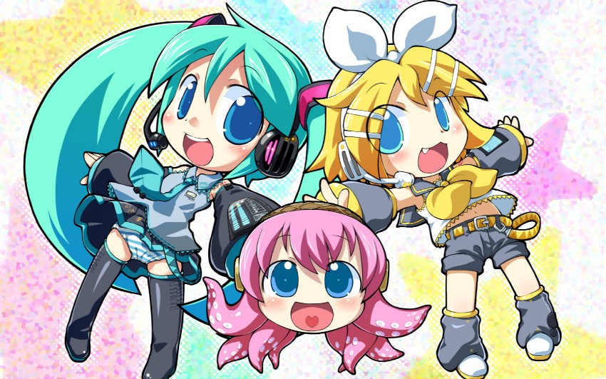 hatsune miku, kagamine rin, megurine luka, and takoluka (vocaloid) drawn by sakurabe_notos
