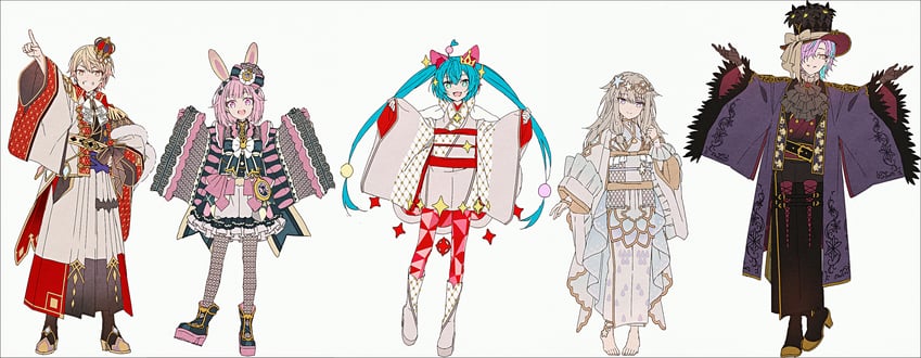 hatsune miku, ootori emu, tenma tsukasa, kusanagi nene, kamishiro rui, and 1 more (vocaloid and 1 more) drawn by hakusai_(tiahszld)