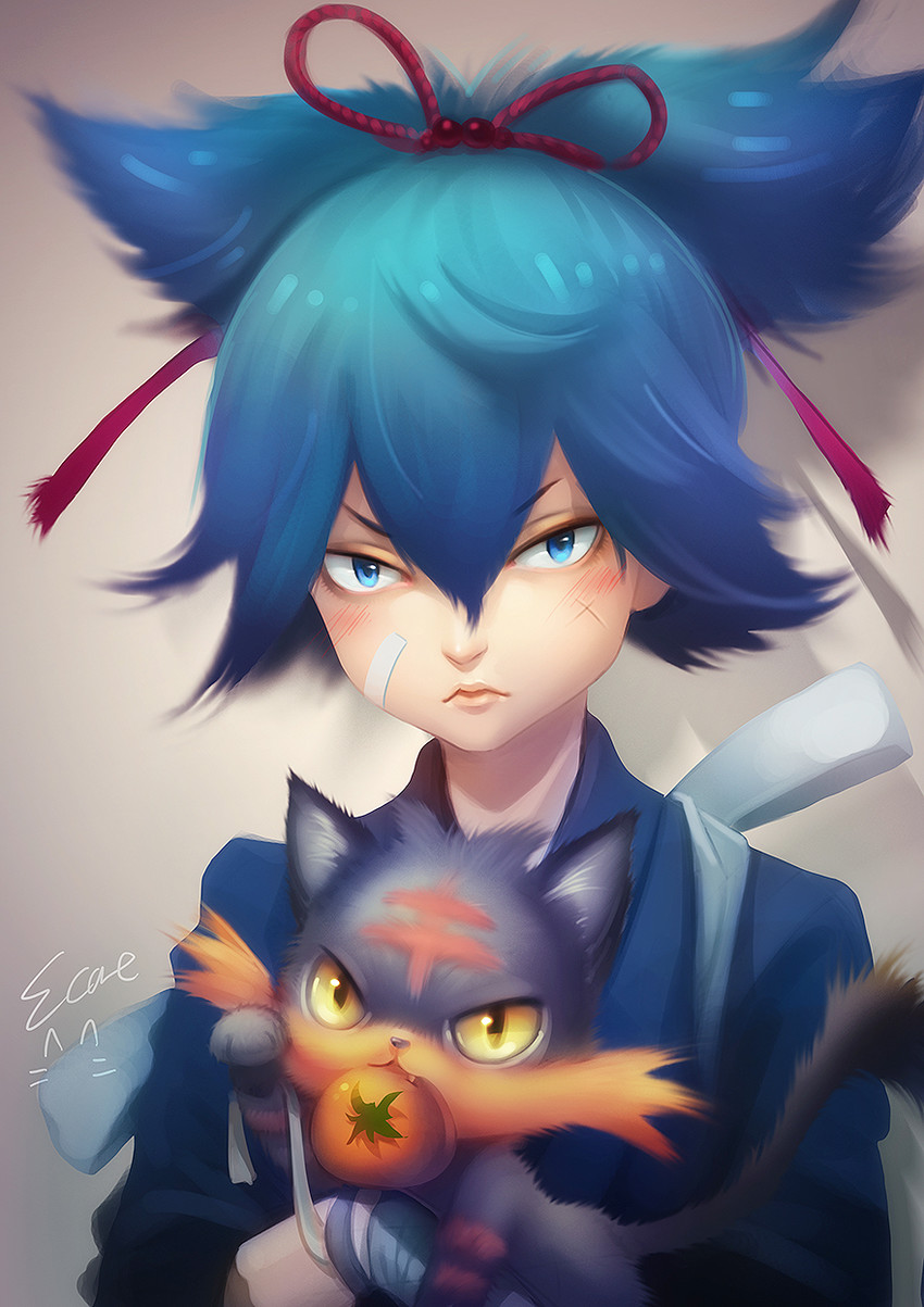 litten and sayo samonji (pokemon and 2 more) drawn by elyoncat