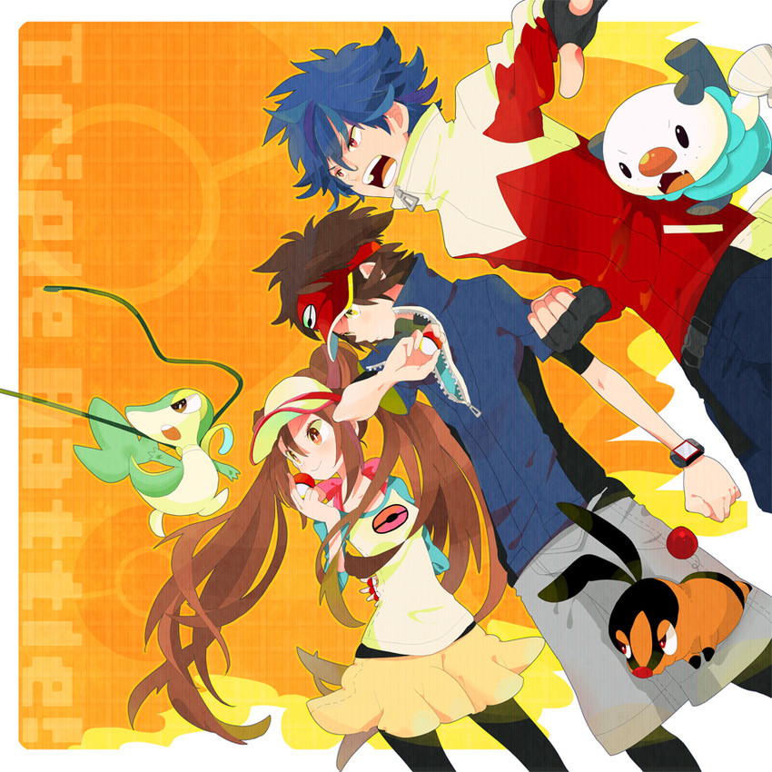 rosa, oshawott, snivy, tepig, nate, and 1 more (pokemon and 1 more) drawn by pomeko