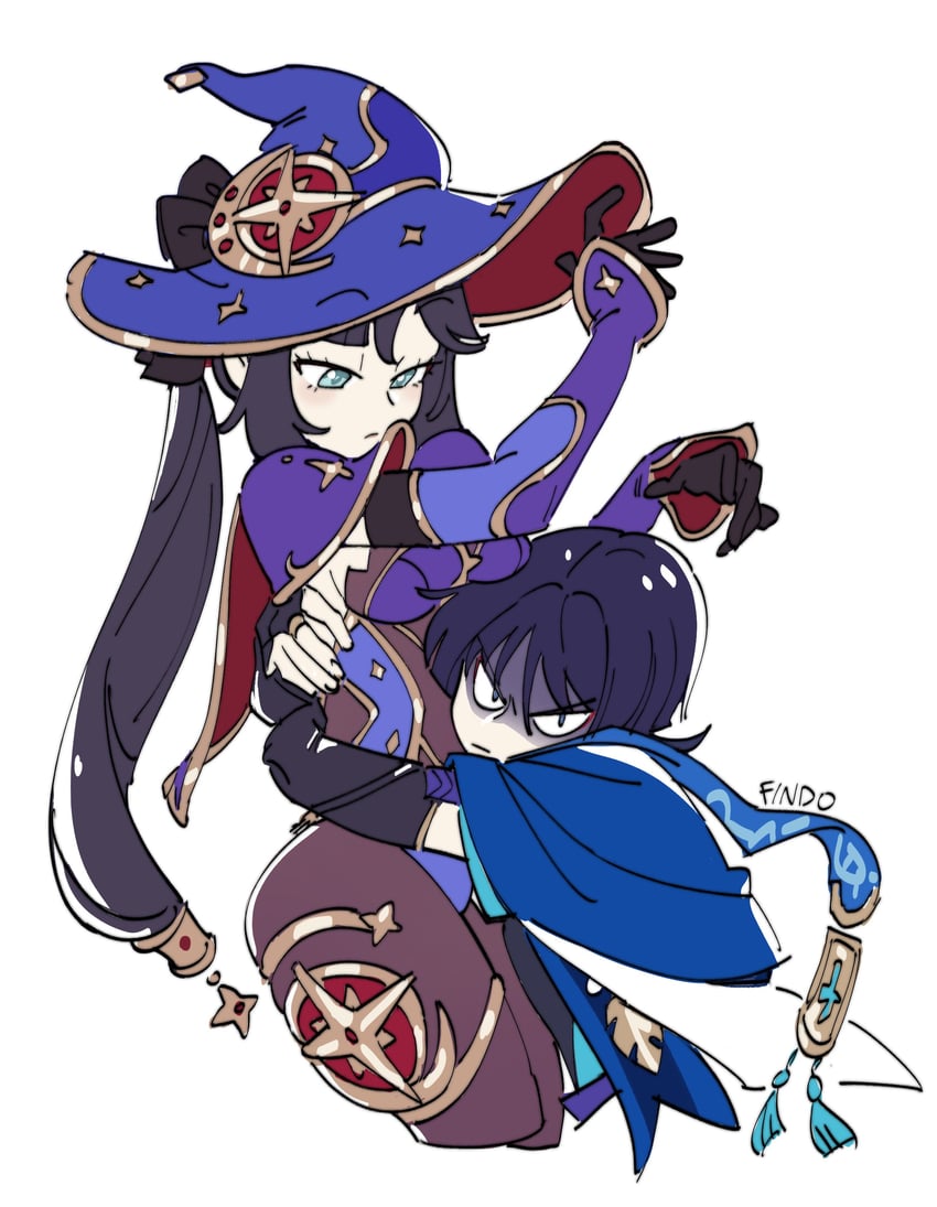scaramouche, wanderer, and mona (genshin impact) drawn by findoworld