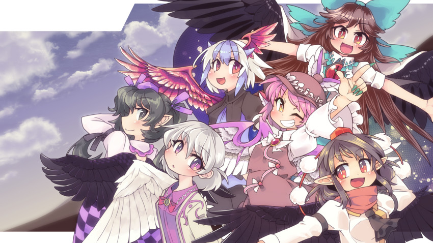 konpaku youmu, shameimaru aya, reiuji utsuho, mystia lorelei, himekaidou hatate, and 2 more (touhou) drawn by ini_(inunabe00)