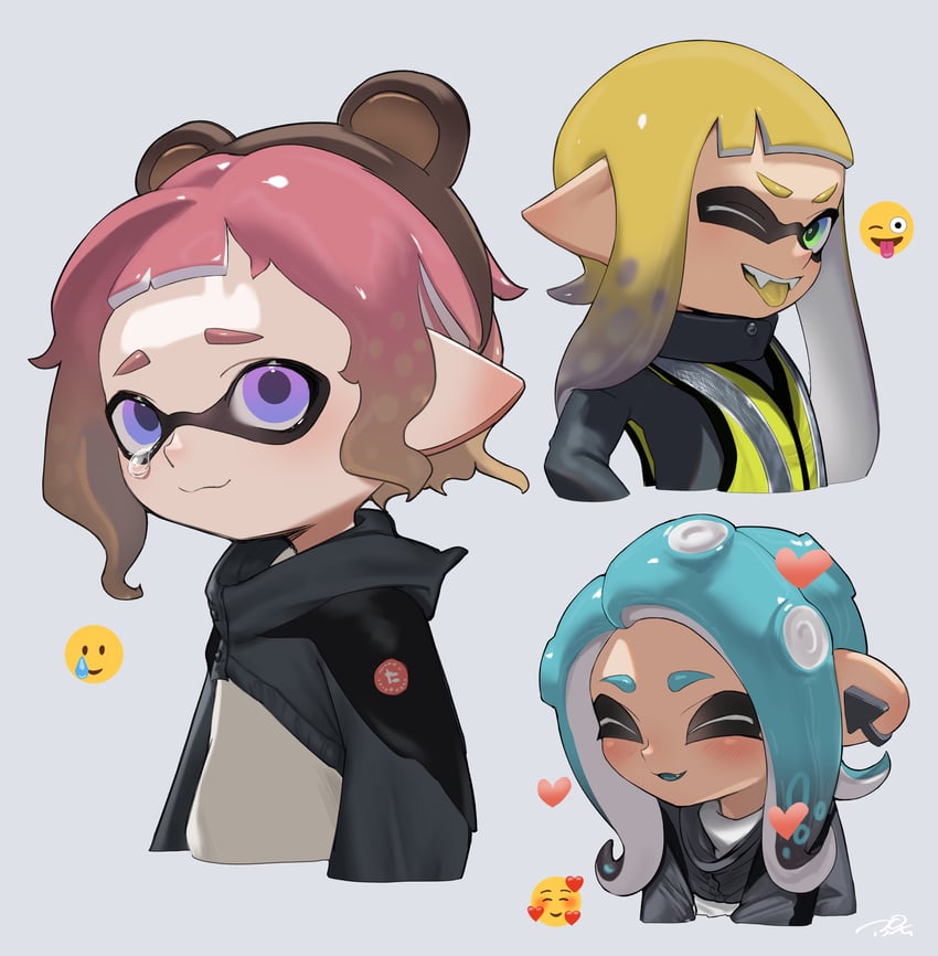 inkling player character, inkling girl, octoling player character, and octoling girl (splatoon and 1 more) drawn by puchiman