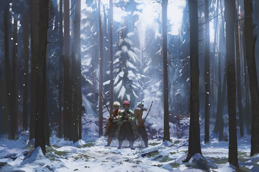 kamado tanjirou, agatsuma zenitsu, and hashibira inosuke (kimetsu no yaiba) drawn by snatti