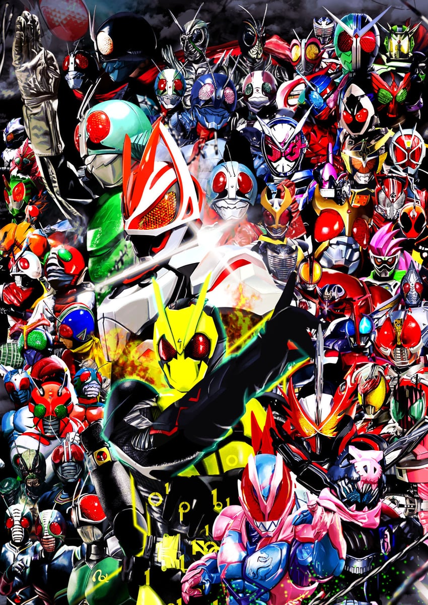 kamen rider kuuga, kamen rider decade, kamen rider double, kamen rider 1, kamen rider ooo, and 42 more (kamen rider and 43 more) drawn by 4ze_meteor
