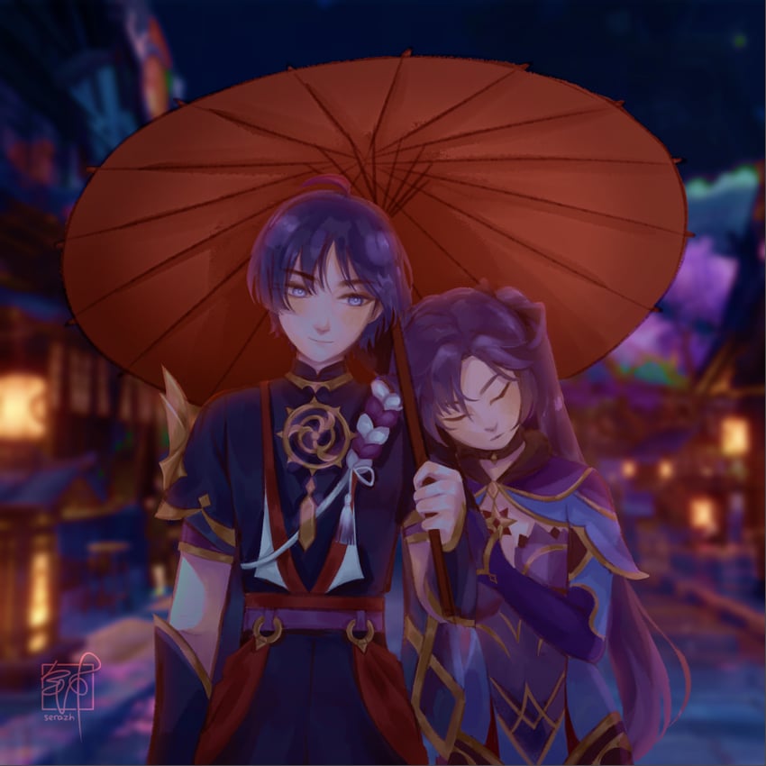 scaramouche and mona (genshin impact) drawn by esze_(serazh_art)
