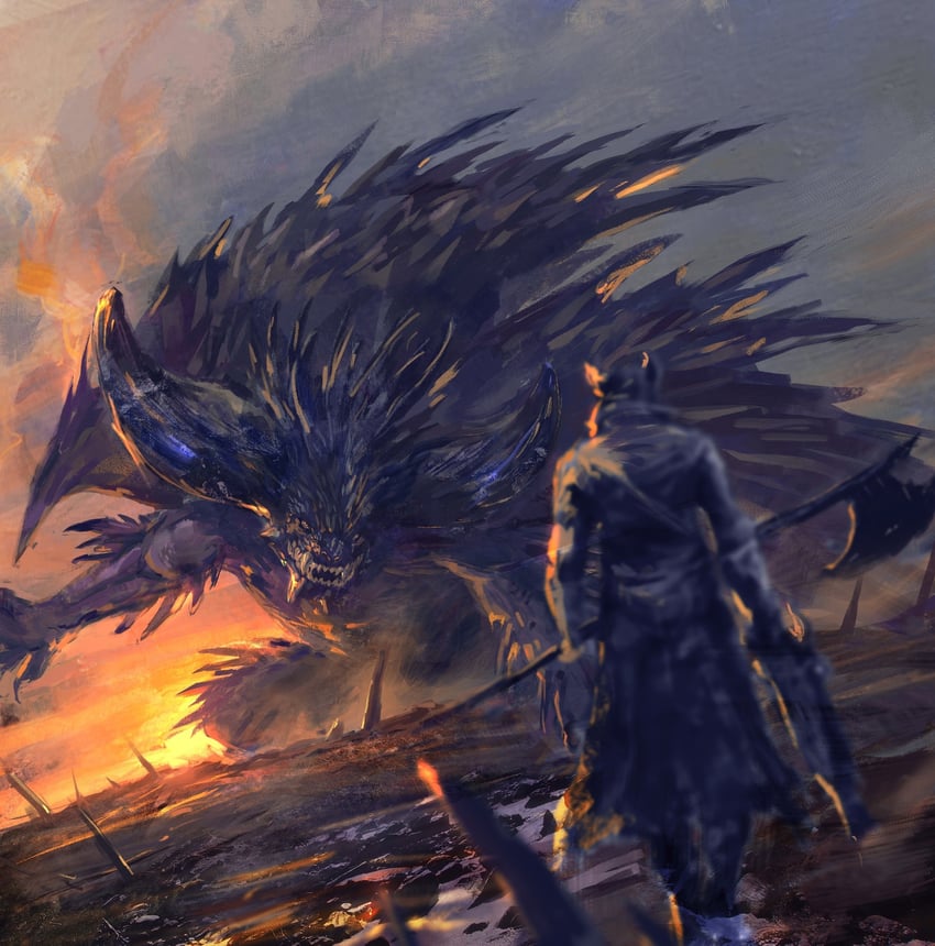 hunter and nergigante (monster hunter and 2 more) drawn by shimhaq