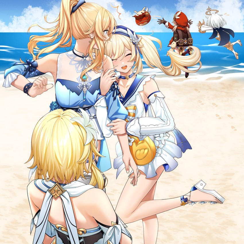 lumine, paimon, klee, barbara, and jean (genshin impact) drawn by soluna_(so_lu_na)