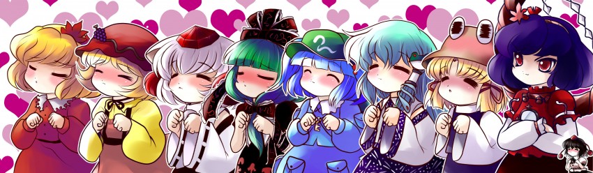 kochiya sanae, shameimaru aya, inubashiri momiji, moriya suwako, kawashiro nitori, and 4 more (touhou and 1 more) drawn by yume_shokunin