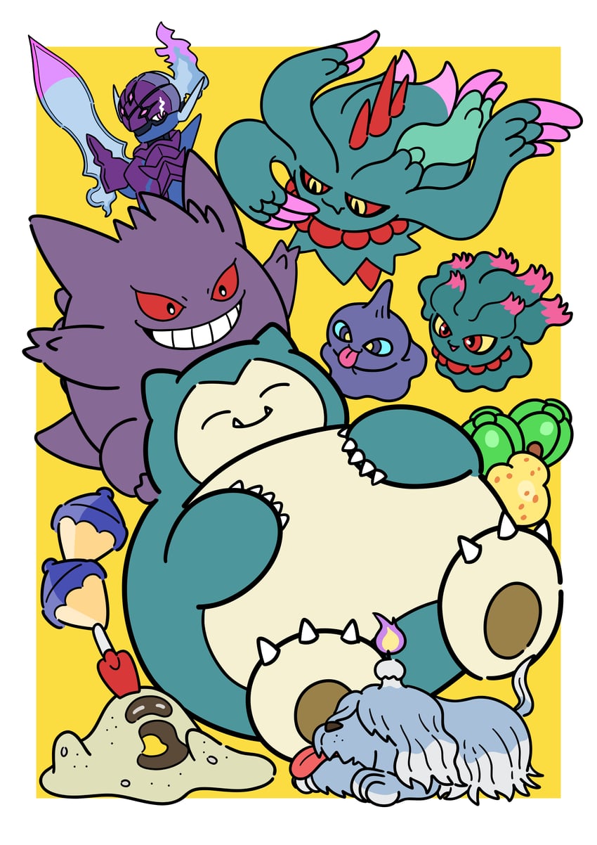 gengar, snorlax, misdreavus, ceruledge, shuppet, and 3 more (pokemon) drawn by tsujii_(2jii_all70)