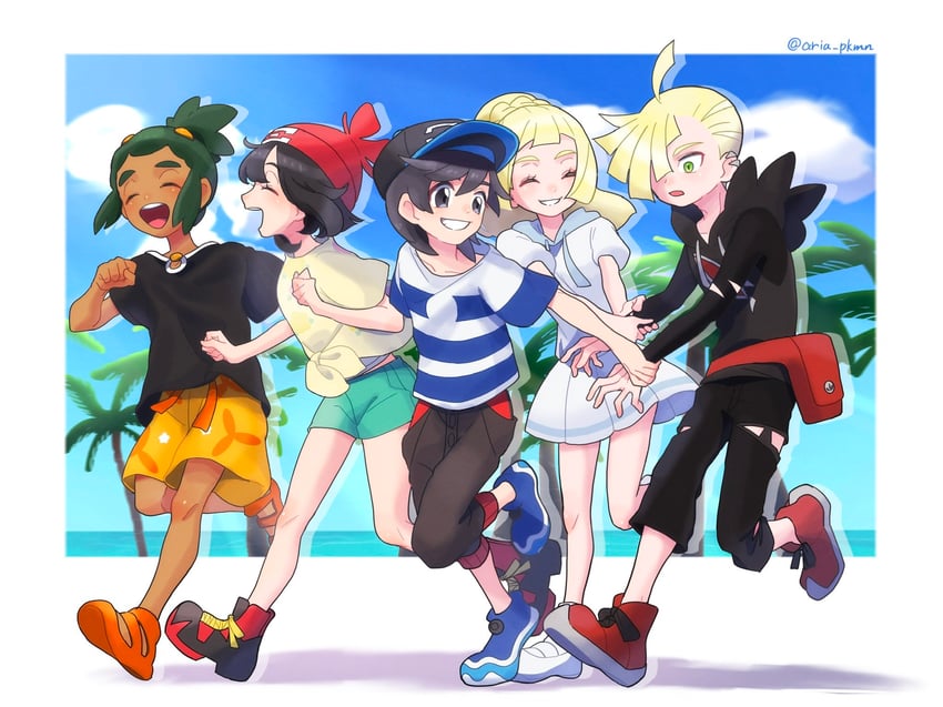 lillie, selene, elio, gladion, and hau (pokemon and 1 more) drawn by aria_pkmn