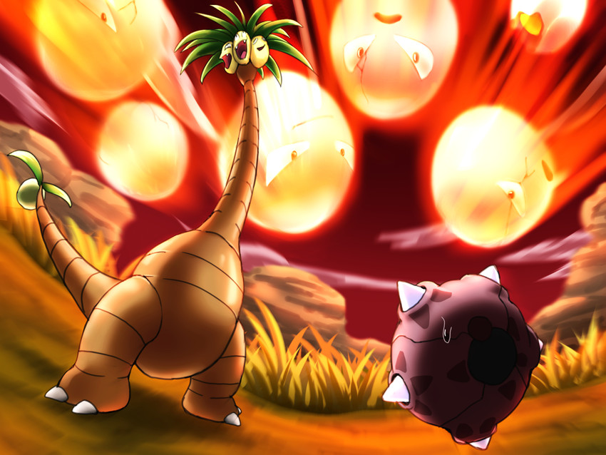 alolan exeggutor, minior, and exeggcute (pokemon) drawn by dokkan_hiloki