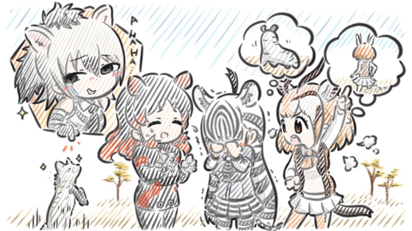 hippopotamus, aardwolf, plains zebra, thomson's gazelle, and savanna striped giant slug (kemono friends) drawn by appleq